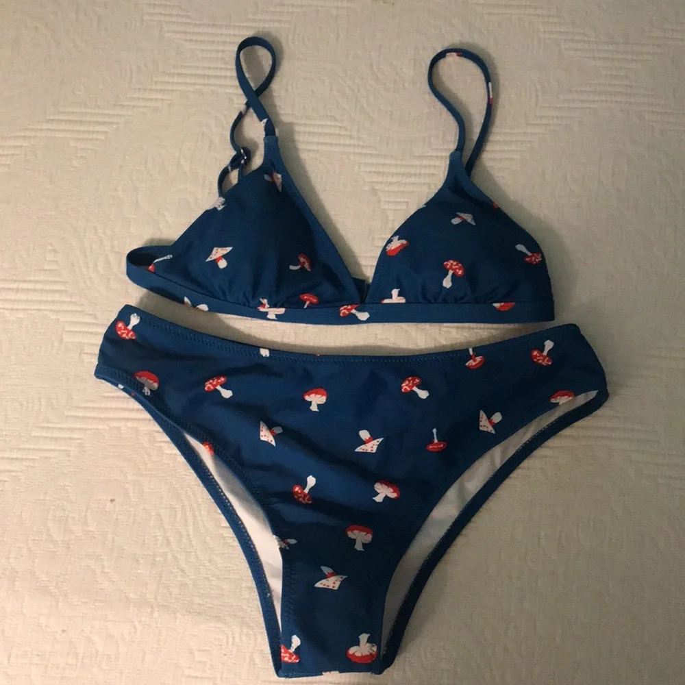 New Cider Mushroom Print Bikini Two Piece Swimsuit Blue S Top M Bottom
